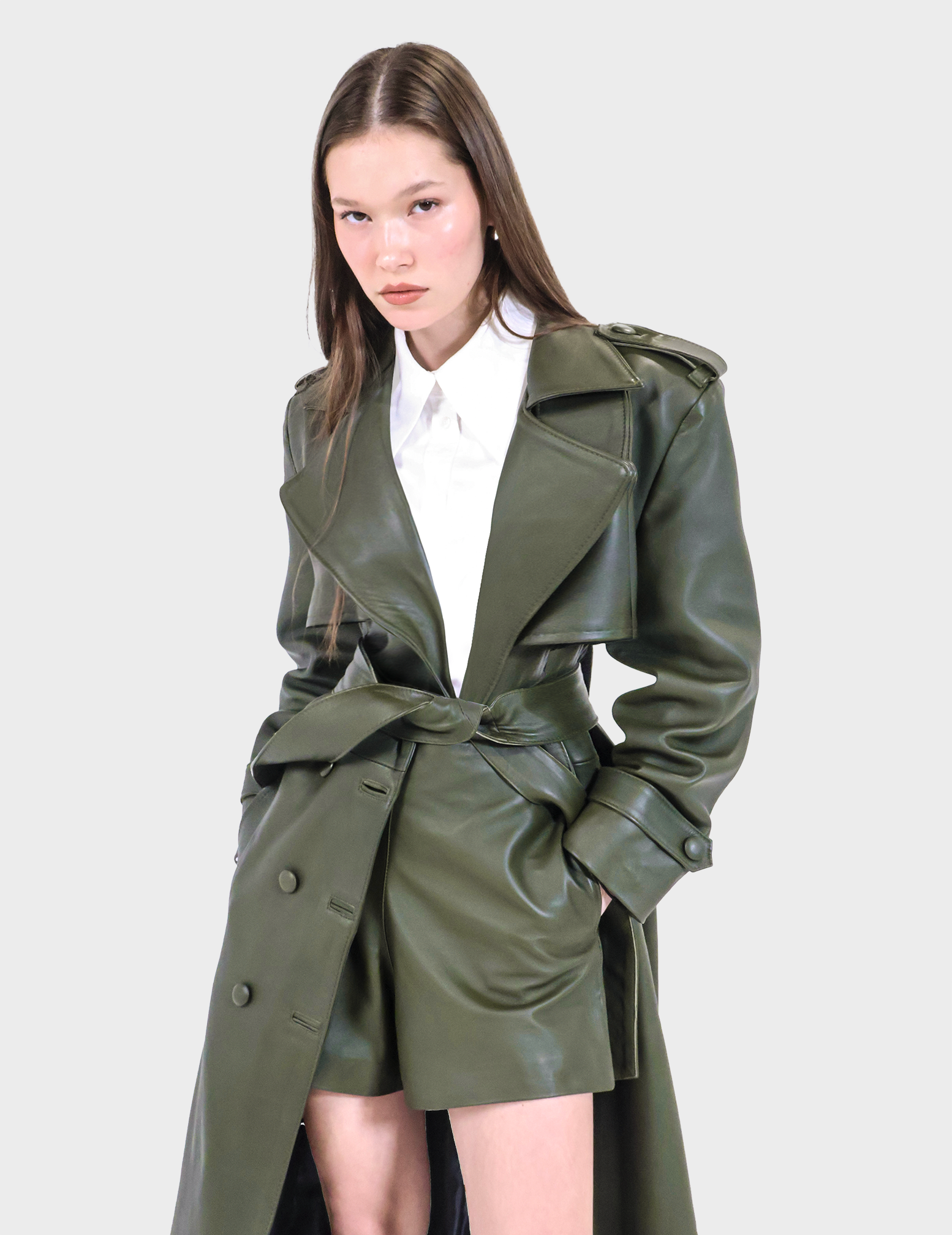 Olive Green Leather Trench Coat